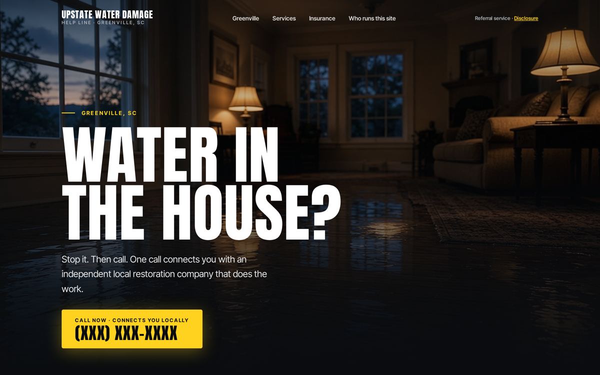Sample site desktop hero: Water in the house? with a call-now button