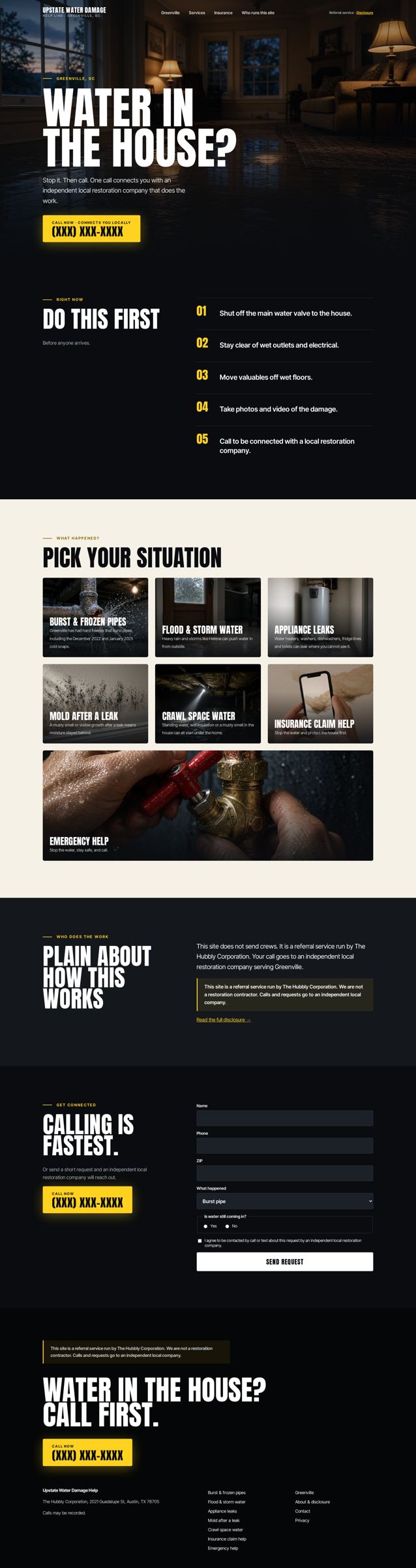 Full sample page: Do this first steps, situation cards, referral disclosure, lead form